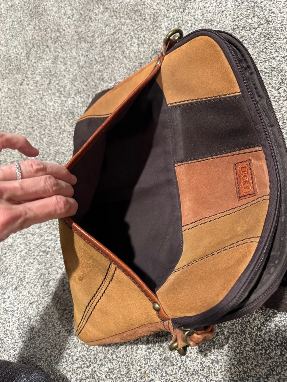 Suede Patchwork Messenger or Lap top Bag in Brown/Tan